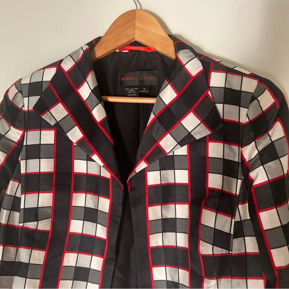 Nina Mclemore Red Black White Checked Silk Blazer Size 10 - Picture 2 of 15